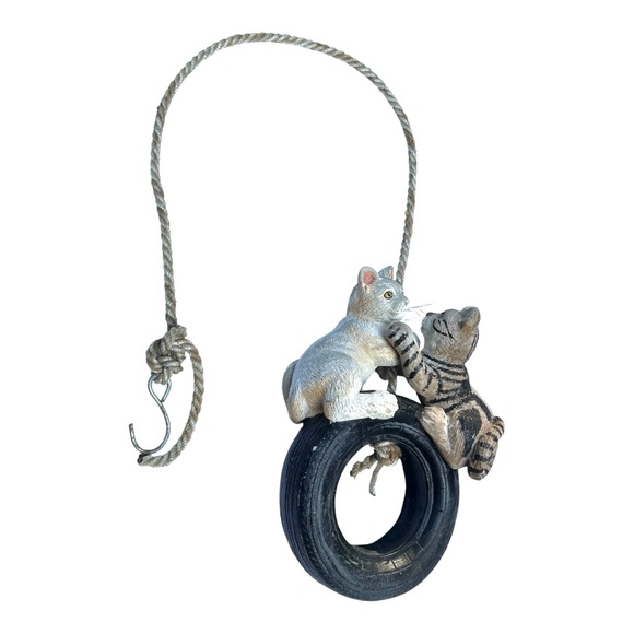 Vintage Whimsical Cat Figurines on Tire Swing outdoor decor tree hanger/feeder - Picture 1 of 9